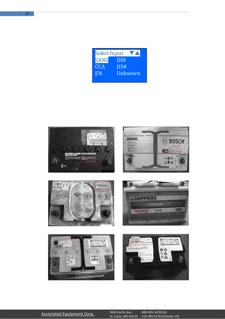 Select input sans din cca jis# en unknown | Associated Equipment 12-1012 Manual User Manual | Page 17 / 52