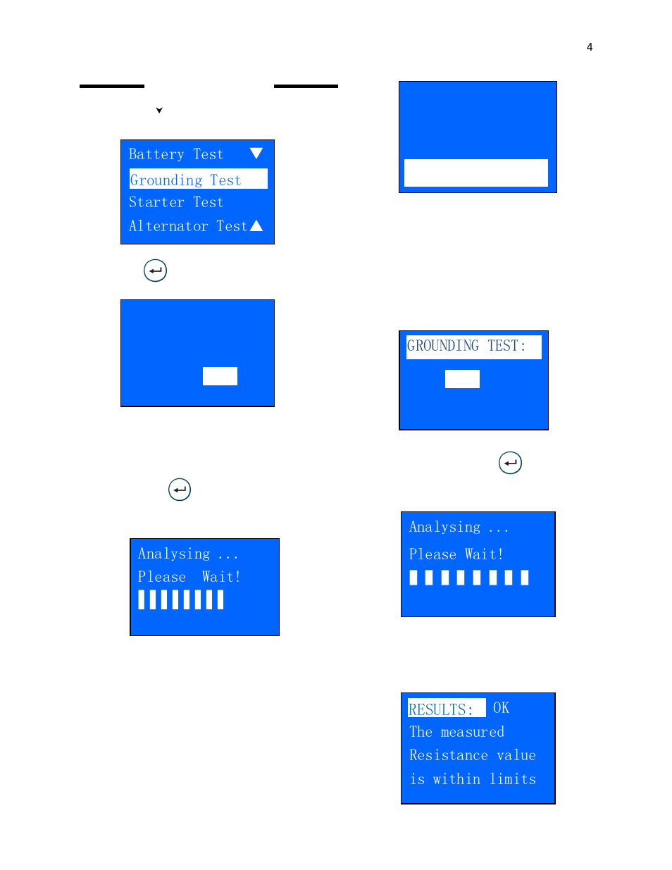 Results, Ok the measured resistance value is within limits, Analysing ... please wait | Grounding test: press enter to continue | Associated Equipment 12-1012 Quick Guide User Manual | Page 4 / 8