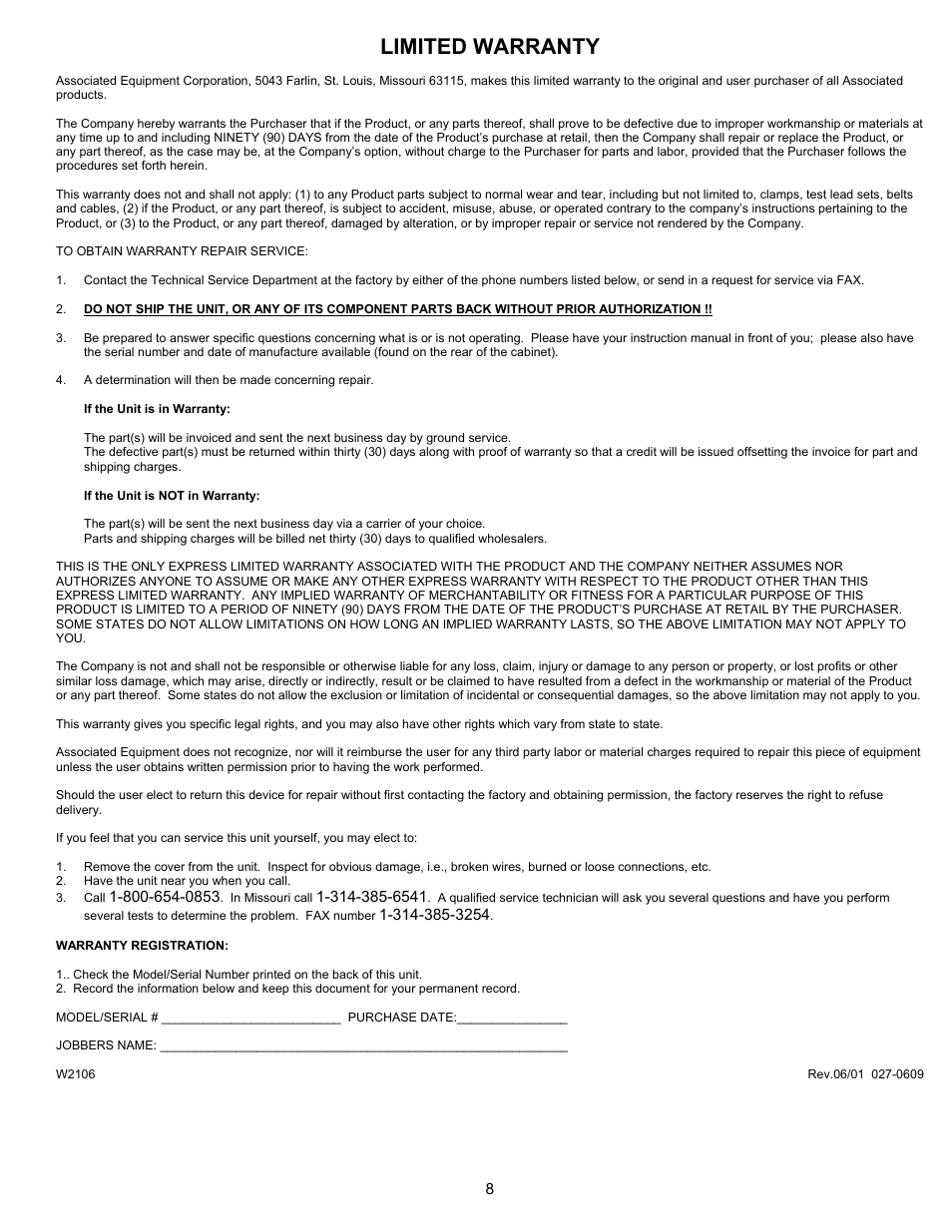 Limited warranty | Associated Equipment 8600 User Manual | Page 8 / 8