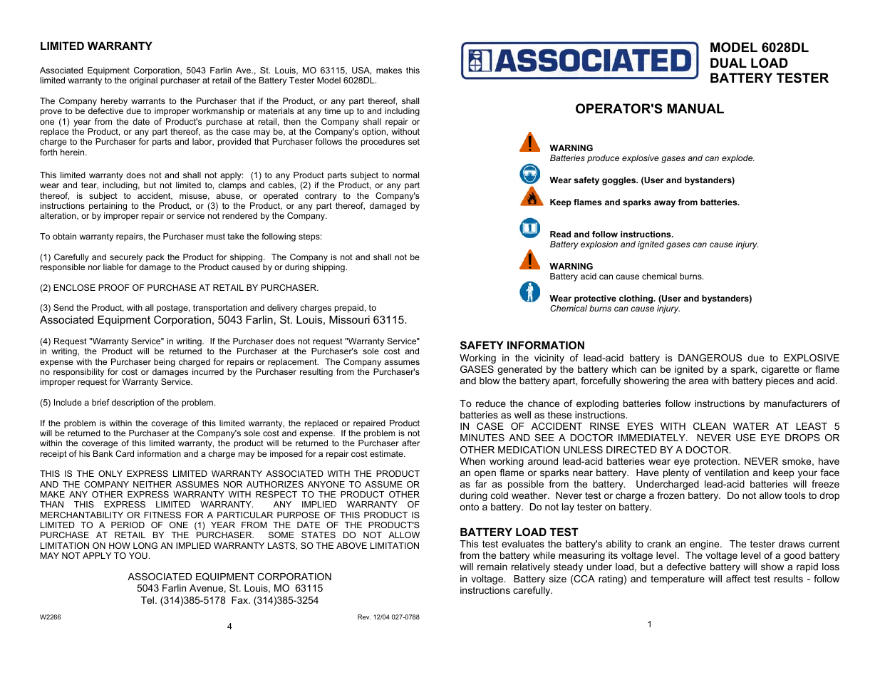 Associated Equipment 6028DL User Manual | 2 pages