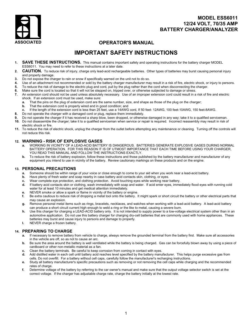 Associated Equipment ESS6011 User Manual | 16 pages