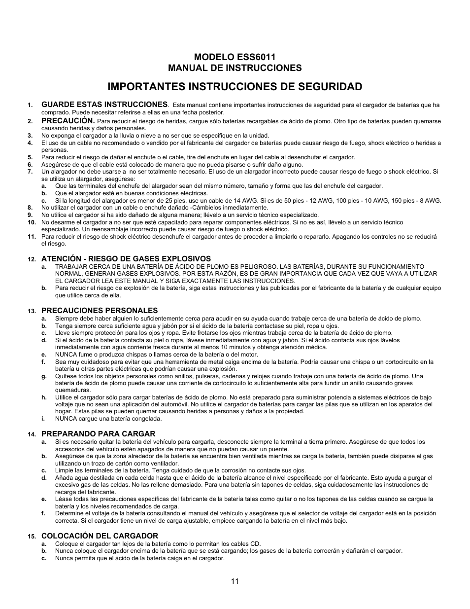 Importantes instrucciones de seguridad, Modelo ess6011, Manual de instrucciones | Associated Equipment ESS6011 User Manual | Page 11 / 16