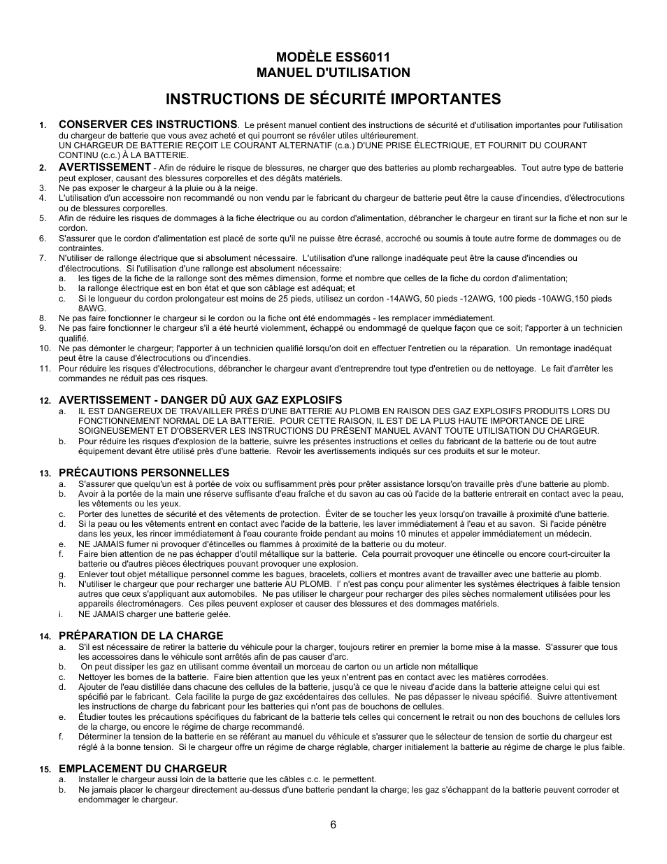 Instructions de sécurité importantes, Modèle ess6011 manuel d'utilisation | Associated Equipment ESS6011 User Manual | Page 6 / 16