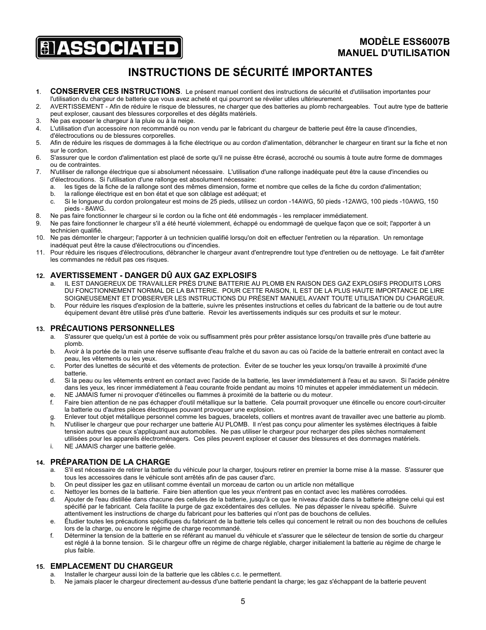 Instructions de sécurité importantes, Modèle ess6007b manuel d'utilisation | Associated Equipment ESS6007B User Manual | Page 5 / 12