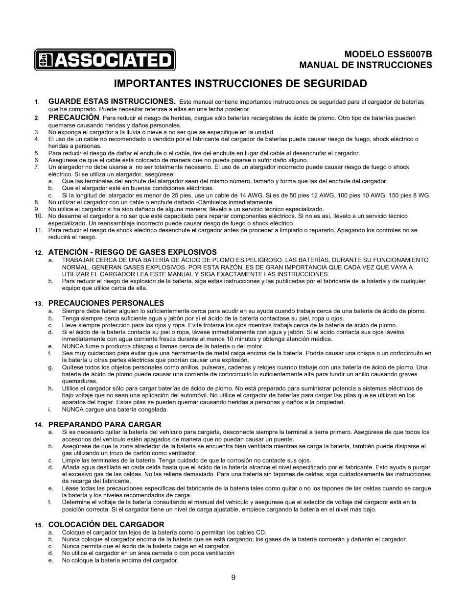 Importantes instrucciones de seguridad, Modelo ess6007b, Manual de instrucciones | Associated Equipment ESS6007B User Manual | Page 9 / 12