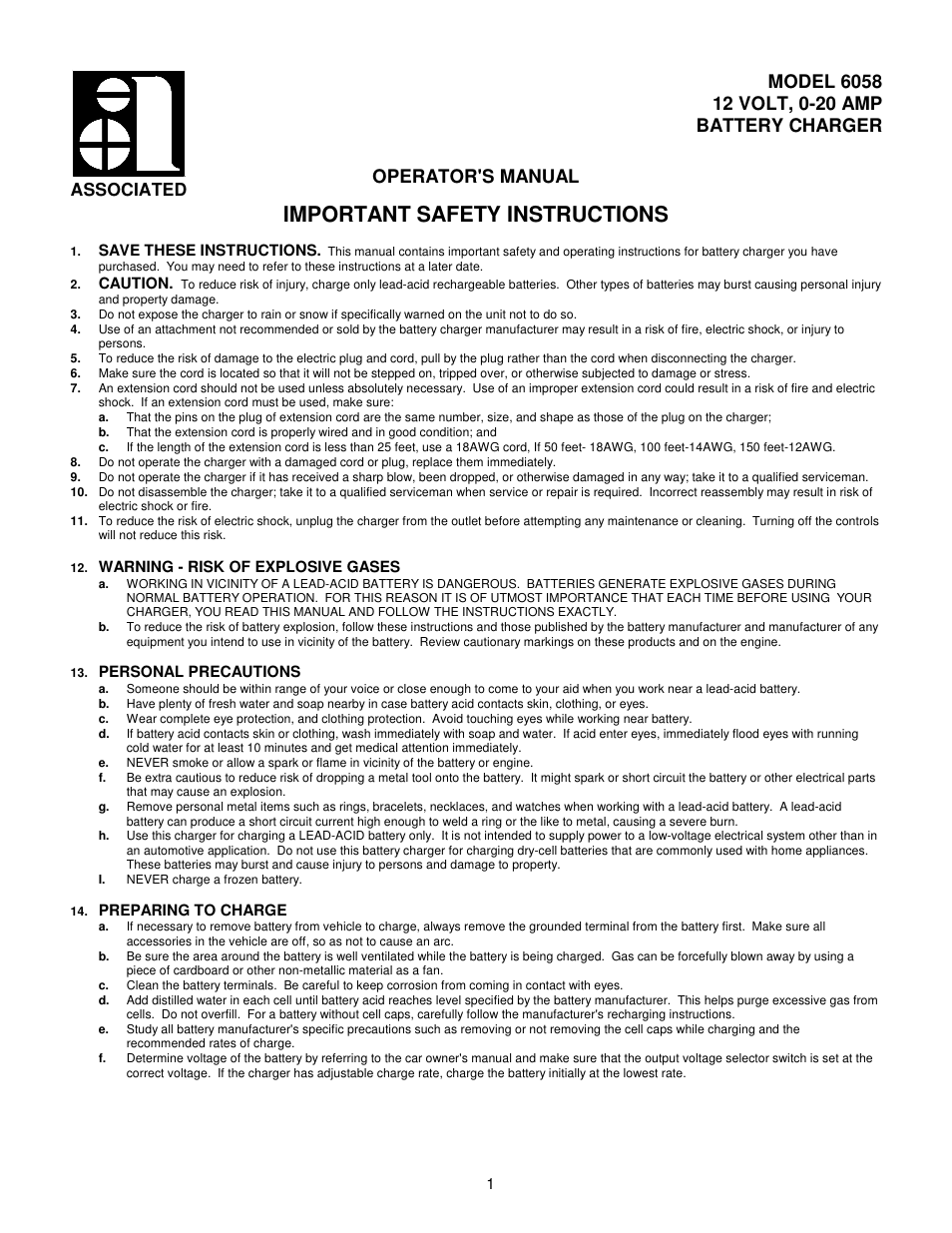 Associated Equipment 6058 User Manual | 12 pages