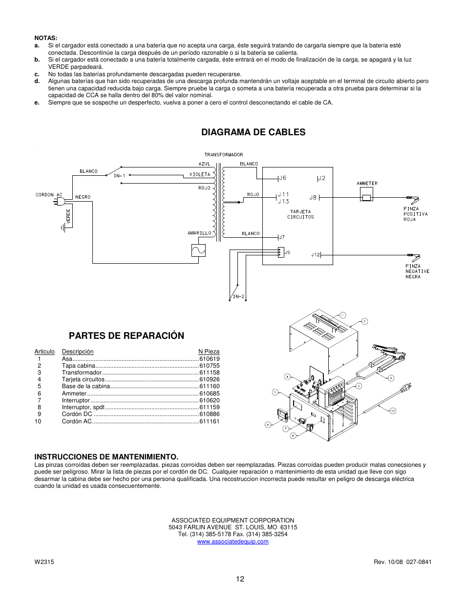 Diagrama de cables, Partes de reparación | Associated Equipment 6058 User Manual | Page 12 / 12