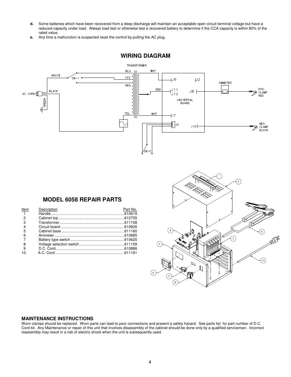 Wiring diagram, Model 6058 repair parts | Associated Equipment 6058 User Manual | Page 4 / 12