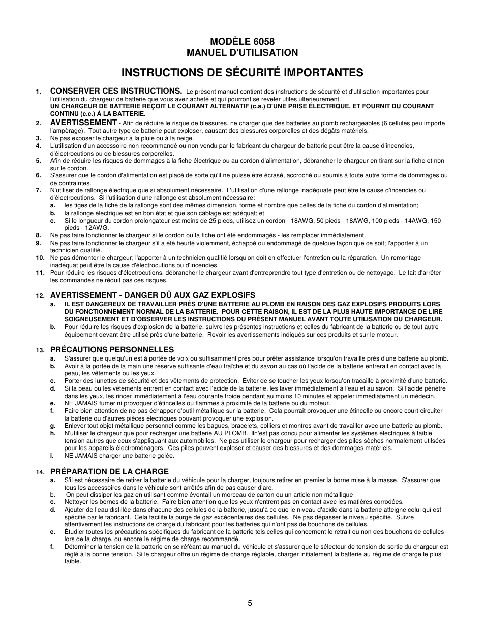 Instructions de sécurité importantes, Modèle 6058 manuel d'utilisation | Associated Equipment 6058 User Manual | Page 5 / 12