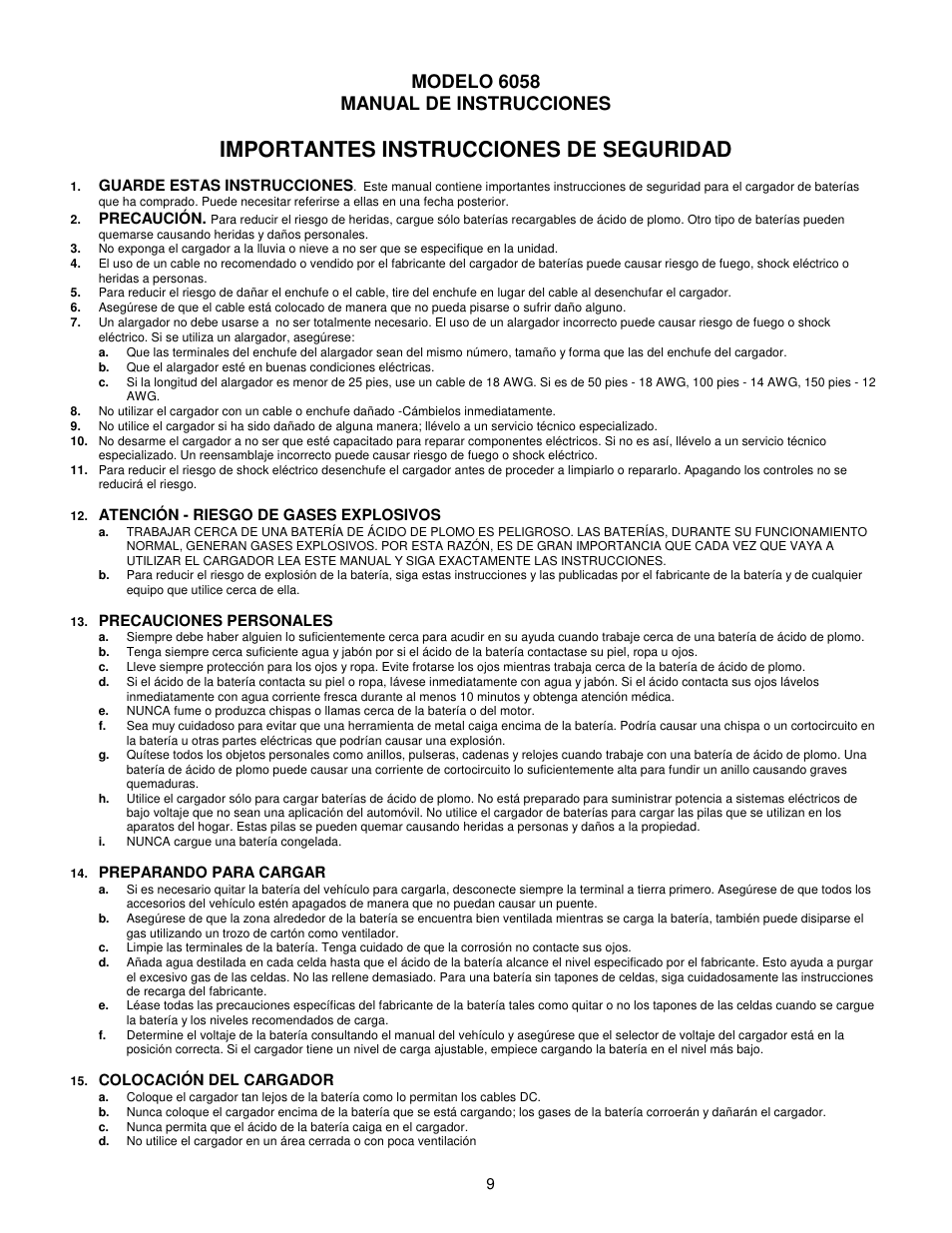 Importantes instrucciones de seguridad, Modelo 6058 manual de instrucciones | Associated Equipment 6058 User Manual | Page 9 / 12