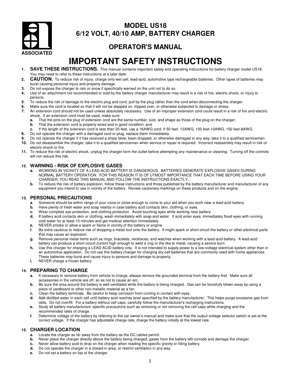 Associated Equipment US18 User Manual | 12 pages