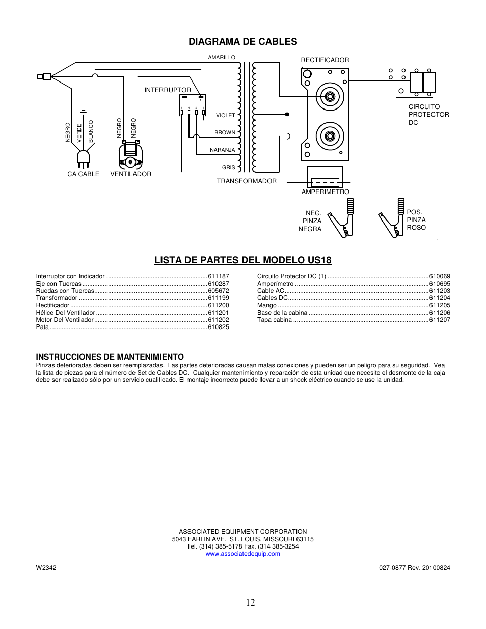 12 diagrama de cables, Lista de partes del modelo us18, Instrucciones de mantenimiento | Associated Equipment US18 User Manual | Page 12 / 12