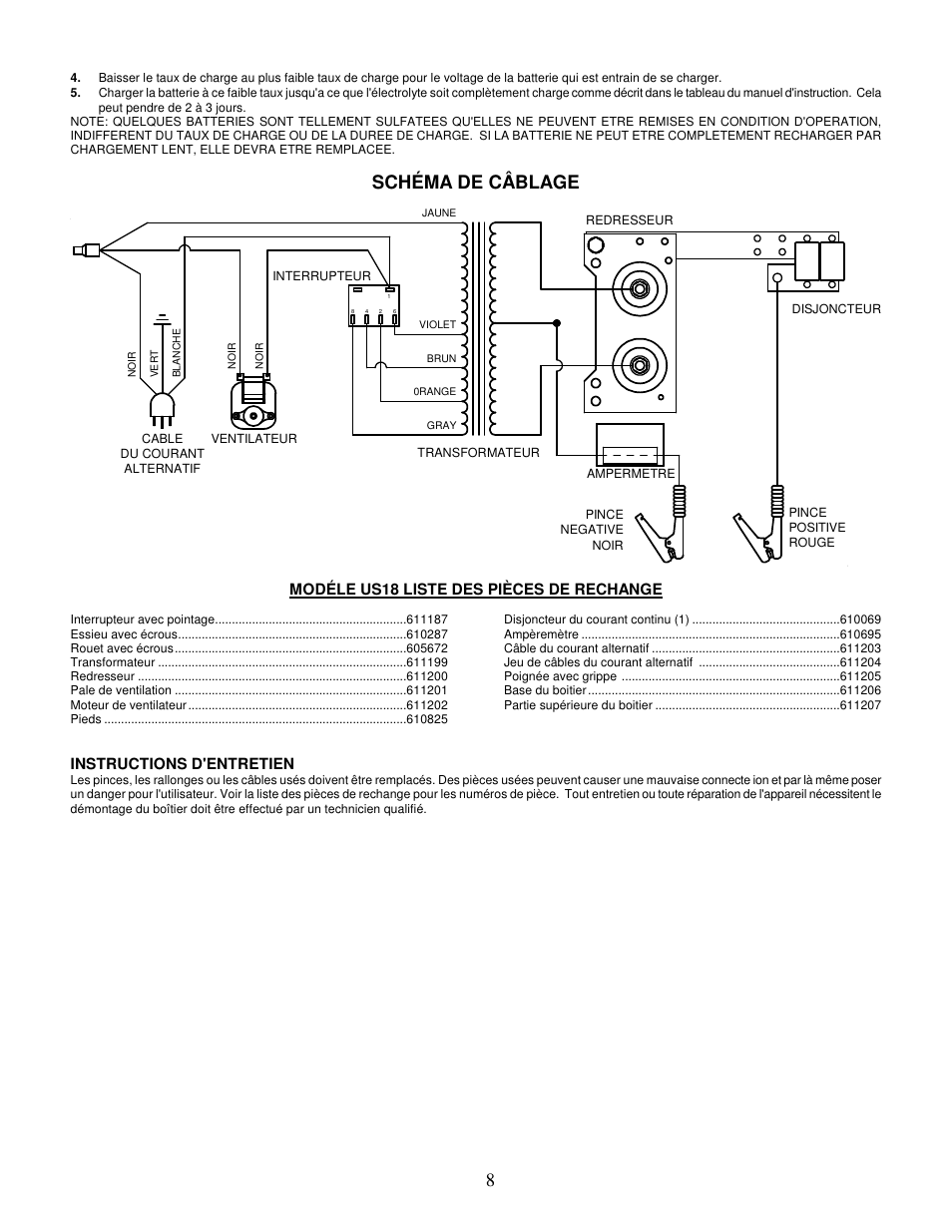 Schéma de câblage, Modéle us18 liste des pièces de rechange, Instructions d'entretien | Associated Equipment US18 User Manual | Page 8 / 12