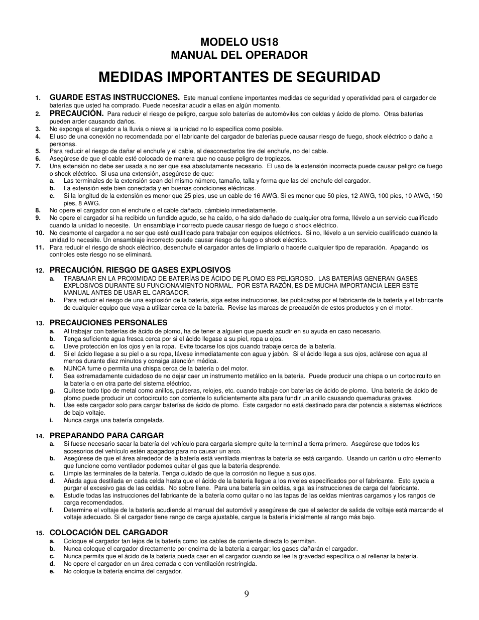 Medidas importantes de seguridad, Modelo us18 manual del operador | Associated Equipment US18 User Manual | Page 9 / 12