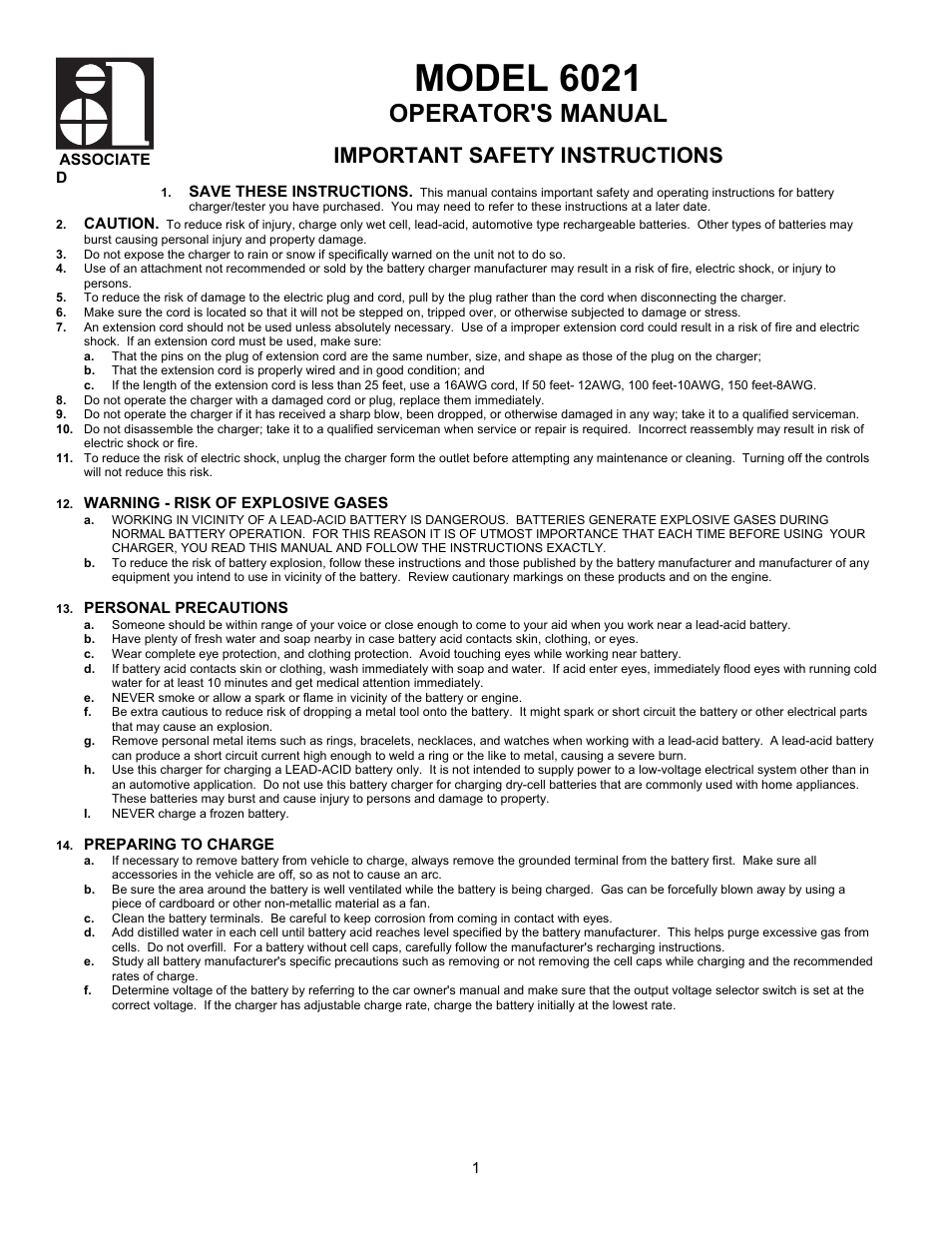 Associated Equipment 6021 User Manual | 6 pages