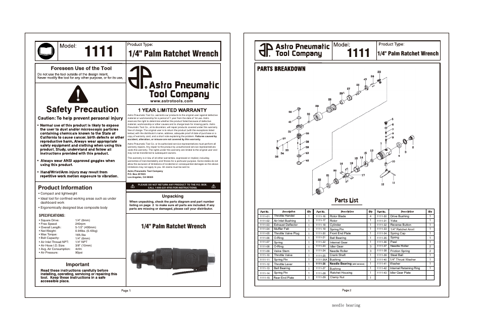 Astro Pneumatic 1111 1/4 Palm Ratchet Wrench User Manual | 2 pages