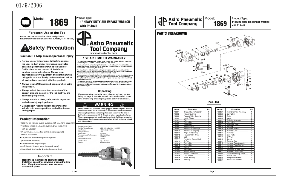 Product information, 1" heavy duty air impact wrench with 6" anvil, Important | Unpacking | Astro Pneumatic 1869 1 Heavy Duty Air Impact Wrench with 6 Anvil User Manual | Page 2 / 2