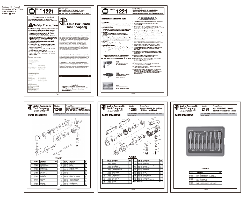 Blue composite body 1/4" 90° angle die grinder | Astro Pneumatic 1221 Blue Composite Body 1/4 90 Angle Die Grinder, 1/4 Mini Die Grinder with Safety Lever, 8pc. Double Cut Carbide Rotary Burr Set 1/4 Shank User Manual | Page 5 / 5