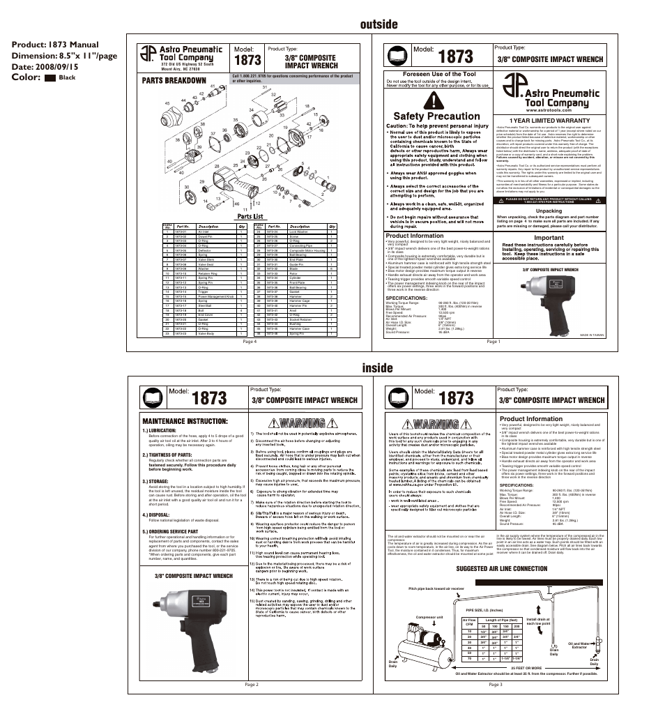 Outside, Inside, Color | 3/8" composite impact wrench, Important, Black, Suggested air line connection, Product information | Astro Pneumatic 1873 3/8 Composite Impact Wrench User Manual | Page 2 / 4
