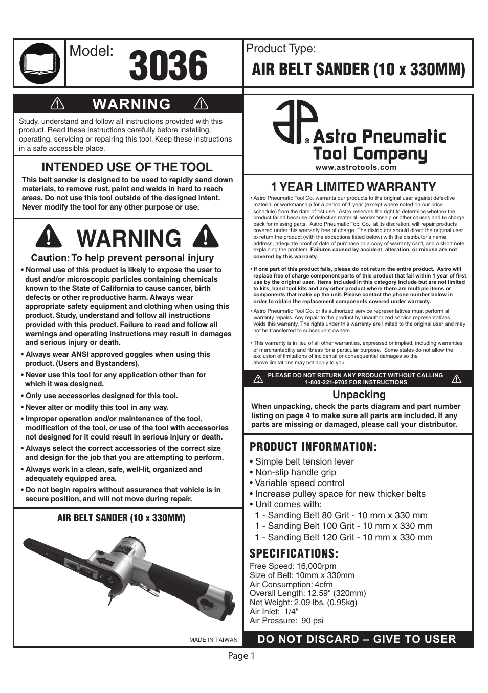 Astro Pneumatic 3036 Air Belt Sander (10 x 330mm) with 3pc Belts (80, 100 & 120) User Manual | 4 pages