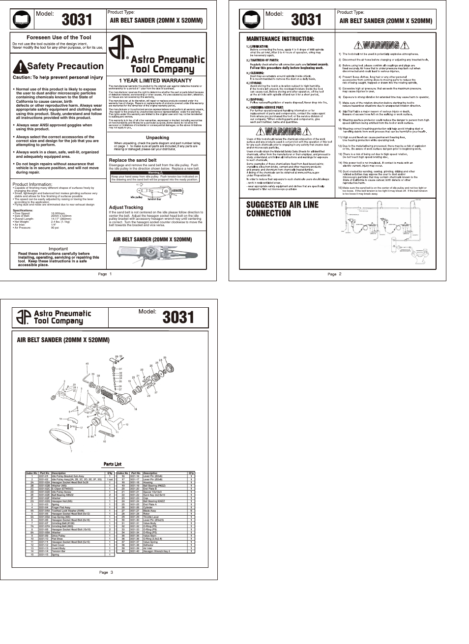 Astro Pneumatic 3031 Air Belt Sander User Manual | 3 pages