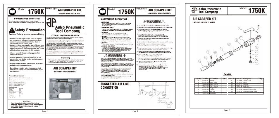 1750k, Air scraper kit | Astro Pneumatic 1750K Air Scraper Kit - Includes 4 Specialty Blades User Manual | Page 3 / 3