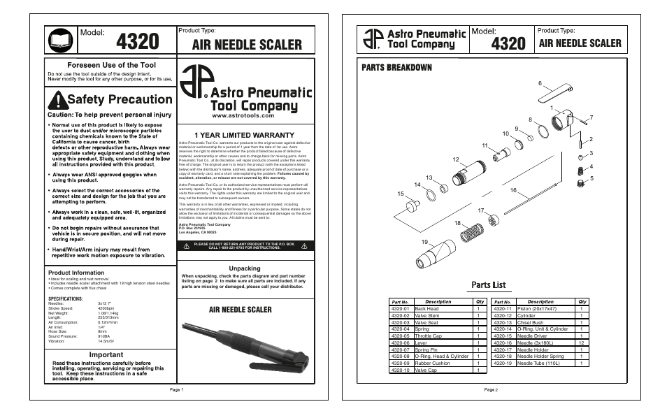 Air needle scaler, Important | Astro Pneumatic 4320 In-Line Needle Scaler User Manual | Page 2 / 2