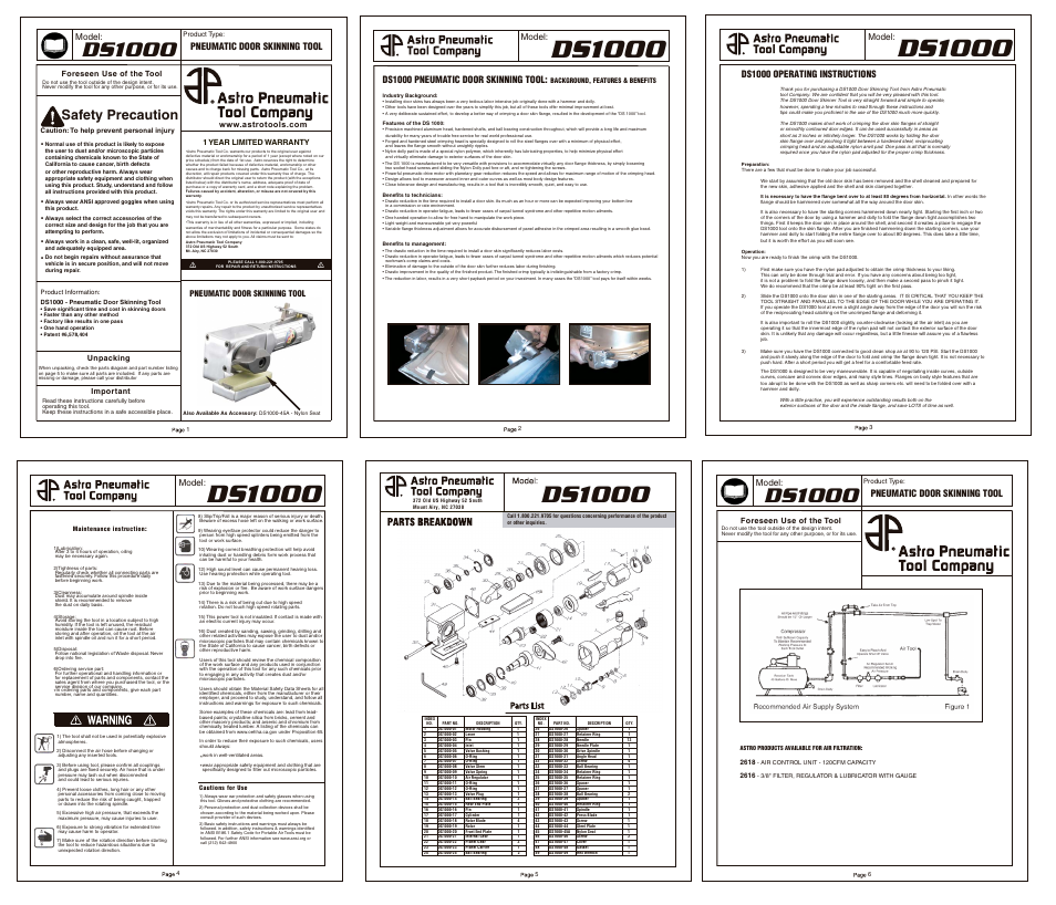 Ds1000, Safety precaution, Ds1000 pneumatic door skinning tool | Ds1000 operating instructions, Pneumatic door skinning tool, Model | Astro Pneumatic DS1000 Pneumatic Door Skinning Tool (With Instructional DVD) User Manual | Page 4 / 6