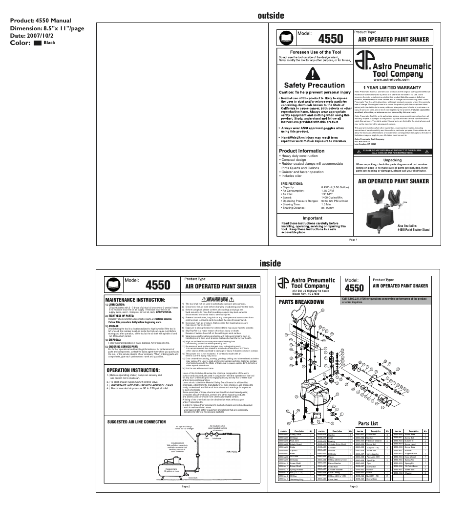 Outside inside, Color, Air operated paint shaker | Maintenance instruction, Operation instruction, Product information, Black | Astro Pneumatic 4550 Air Operated Paint Shaker User Manual | Page 3 / 3