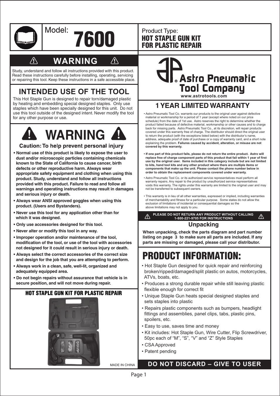 Astro Pneumatic 7600 Hot Staple Gun Kit for Plastic Repair User Manual | 3 pages