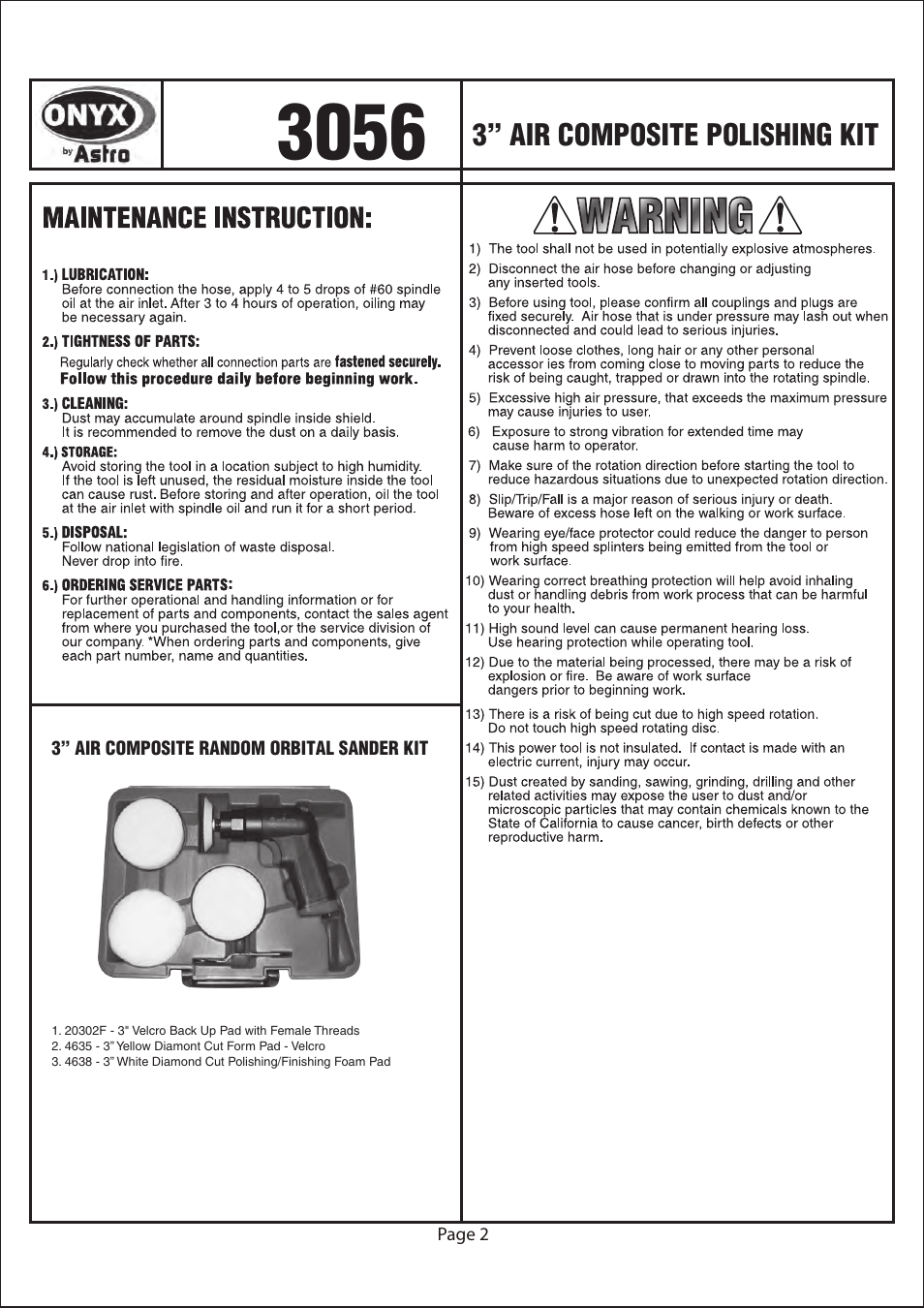 3” air composite polishing kit | Astro Pneumatic 3056 ONYX 3 Air Composite Polisher Kit User Manual | Page 2 / 4