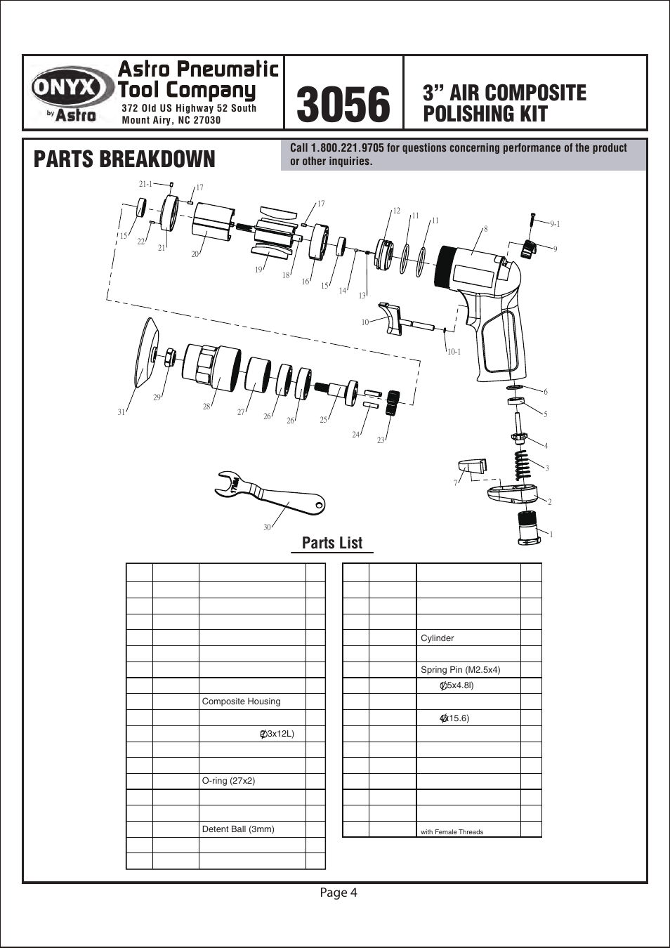 Parts breakdown, 3” air composite polishing kit, Model | Product type, Parts list, Page 4 | Astro Pneumatic 3056 ONYX 3 Air Composite Polisher Kit User Manual | Page 4 / 4