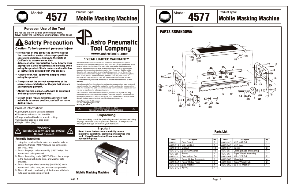 Mobile masking machine, Unpacking, 1 year limited warranty | Astro Pneumatic 4577 Mobile Step Masking Machine User Manual | Page 2 / 2