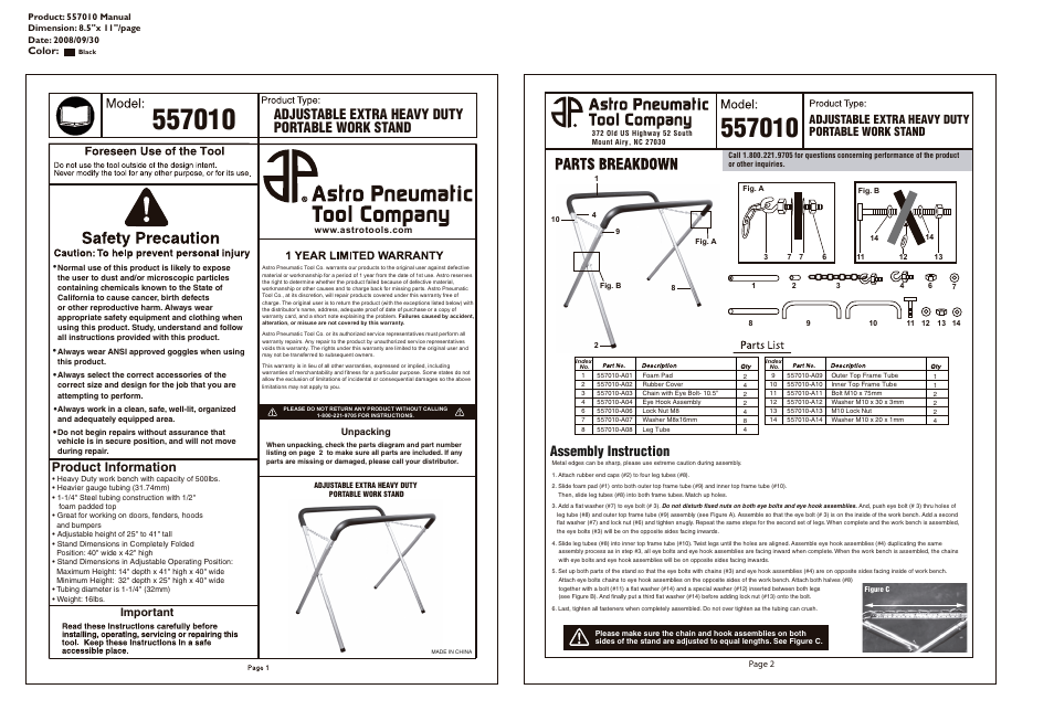 Adjustable extra heavy duty portable work stand, Assembly instruction, Product information | Important | Astro Pneumatic 557010 Adjustable Extra Heavy Duty Portable Work Stand User Manual | Page 2 / 2