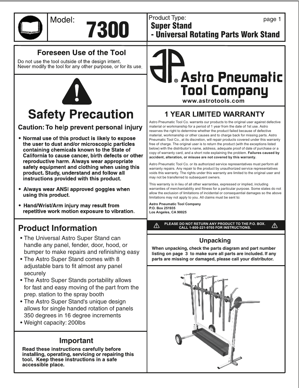 Astro Pneumatic 7300 Super Stand - Universal Rotating Parts Work Stand User Manual | 4 pages