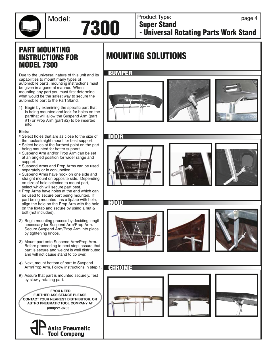 Mounting solutions, Super stand - universal rotating parts work stand, Part mounting instructions for model 7300 | Astro Pneumatic 7300 Super Stand - Universal Rotating Parts Work Stand User Manual | Page 4 / 4