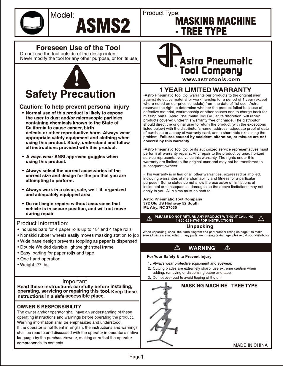 Astro Pneumatic ASMS2 Masking Station - Tree Type User Manual | 3 pages