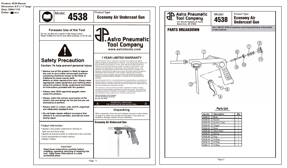 Economy air undercoat gun, Unpacking, 1 year limited warranty | Color | Astro Pneumatic 4538 Economy Air Undercoat Gun User Manual | Page 2 / 2