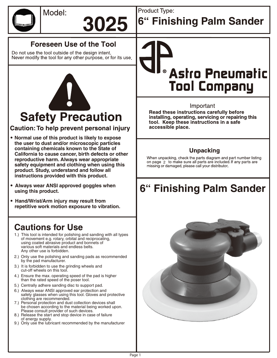 Astro Pneumatic 3025 6 Finishing Palm Sander - 3/32 Stroke Finish User Manual | 4 pages