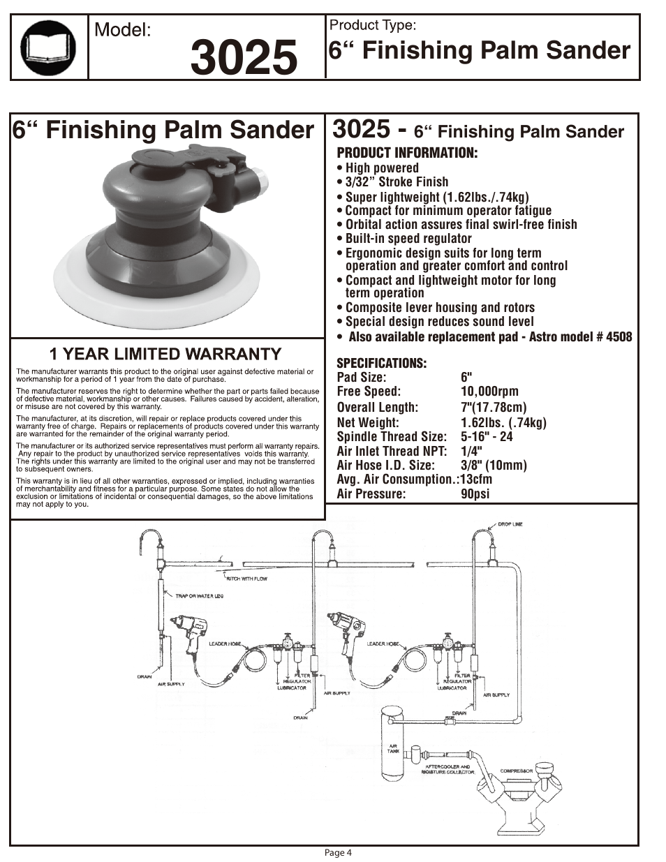 6“ finishing palm sander | Astro Pneumatic 3025 6 Finishing Palm Sander - 3/32 Stroke Finish User Manual | Page 4 / 4