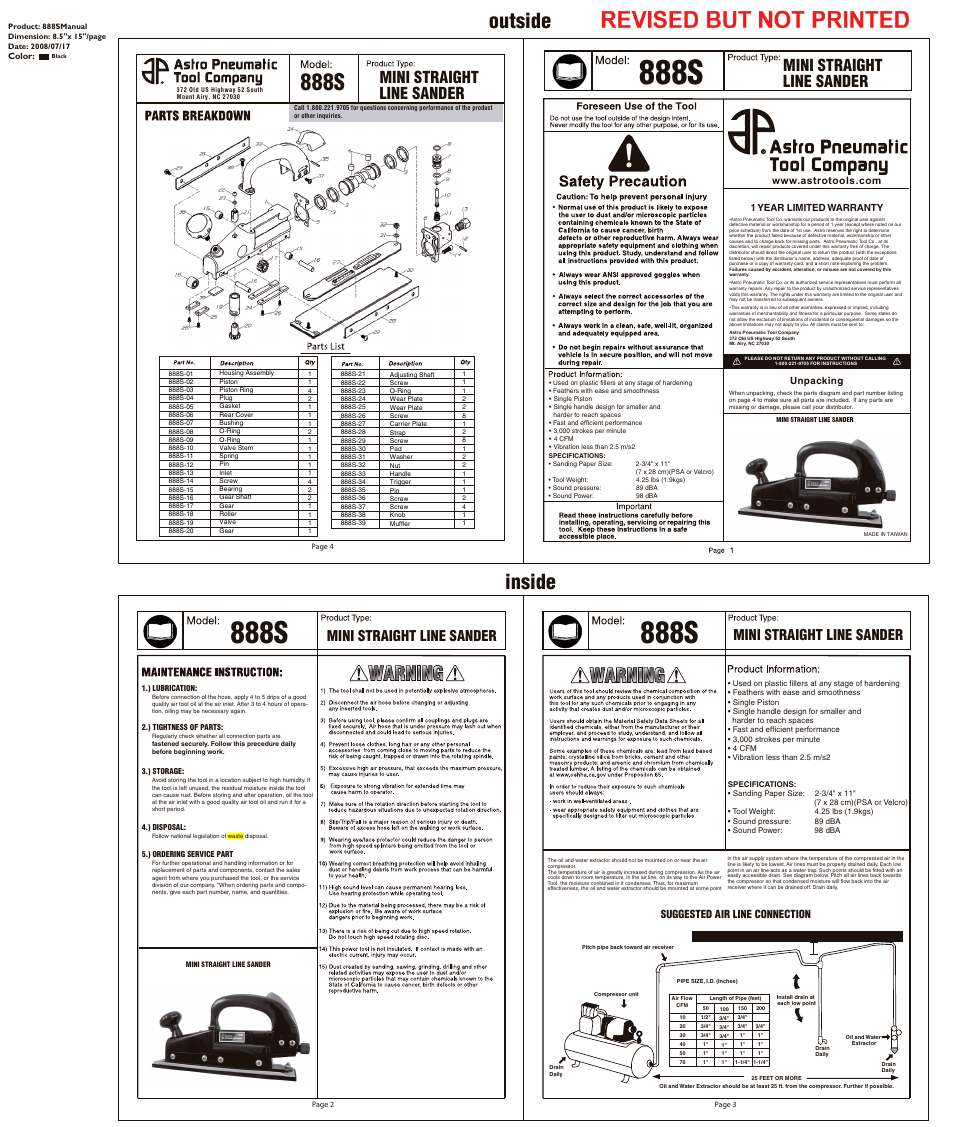 Astro Pneumatic 888S Short Straight Line Sander User Manual | 4 pages