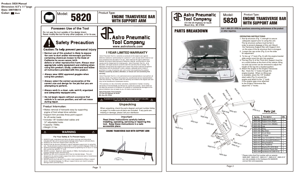 Astro Pneumatic 5820 Engine Transverse Bar with Support Arm User Manual | 2 pages