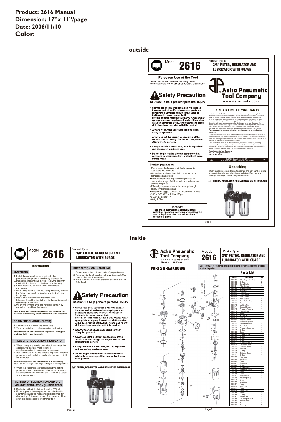 Astro Pneumatic 2616 3/8 Filter, Regulator & Lubricator with Gauge User Manual | 3 pages