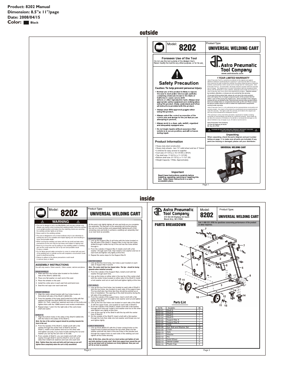 8202-parts, Inside outside, Color | Universal welding cart, Warning, Black | Astro Pneumatic 8202 Universal Welding Cart User Manual | Page 3 / 3