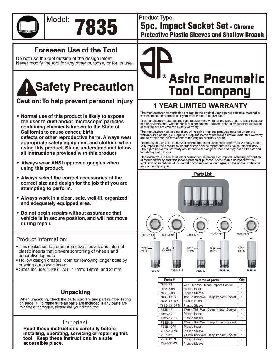 Astro Pneumatic 7835 5pc. Impact Socket Set - Chrome Protective Plastic Sleeves and Shallow Broach User Manual | 1 page