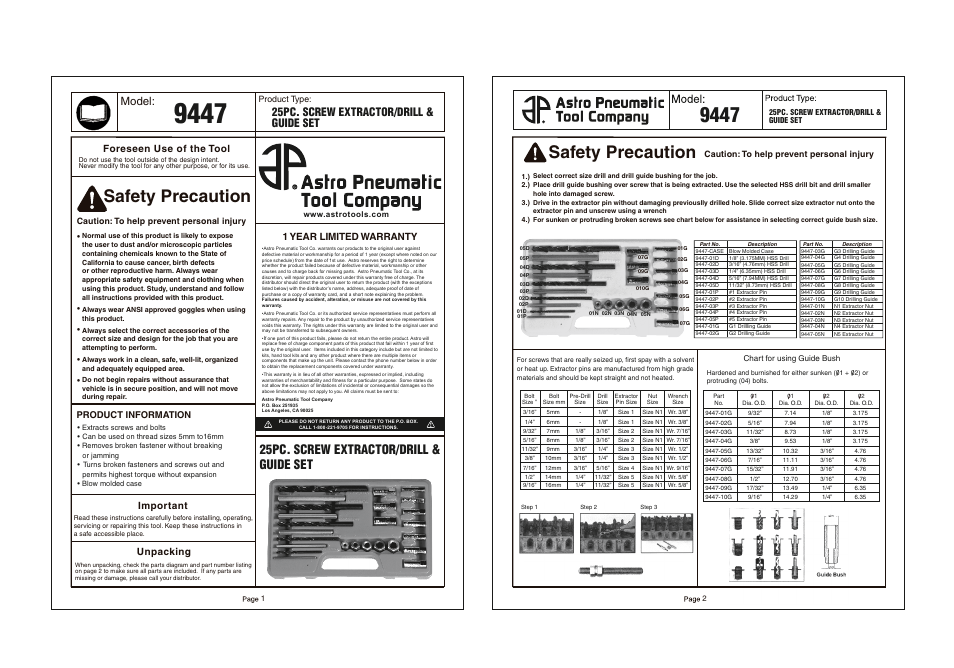 Safety precaution, 25pc. screw extractor/drill & guide set, Model | Foreseen use of the tool, Unpacking, Important, 1 year limited warranty | Astro Pneumatic 9447 25pc. Screw Extractor/Drill & Guide Set User Manual | Page 2 / 2