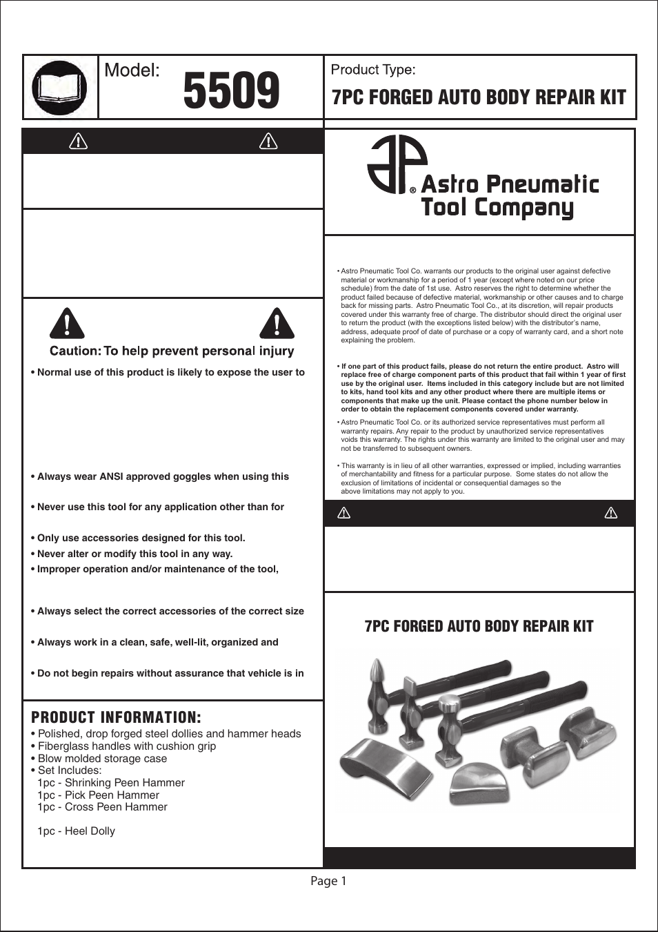 Astro Pneumatic 5509 7pc Forged Auto Body Repair Kit User Manual | 3 pages