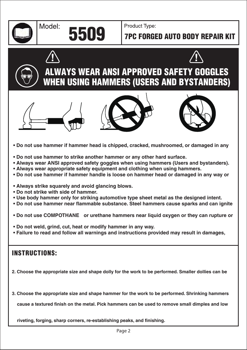 Warning, 7pc forged auto body repair kit | Astro Pneumatic 5509 7pc Forged Auto Body Repair Kit User Manual | Page 2 / 3