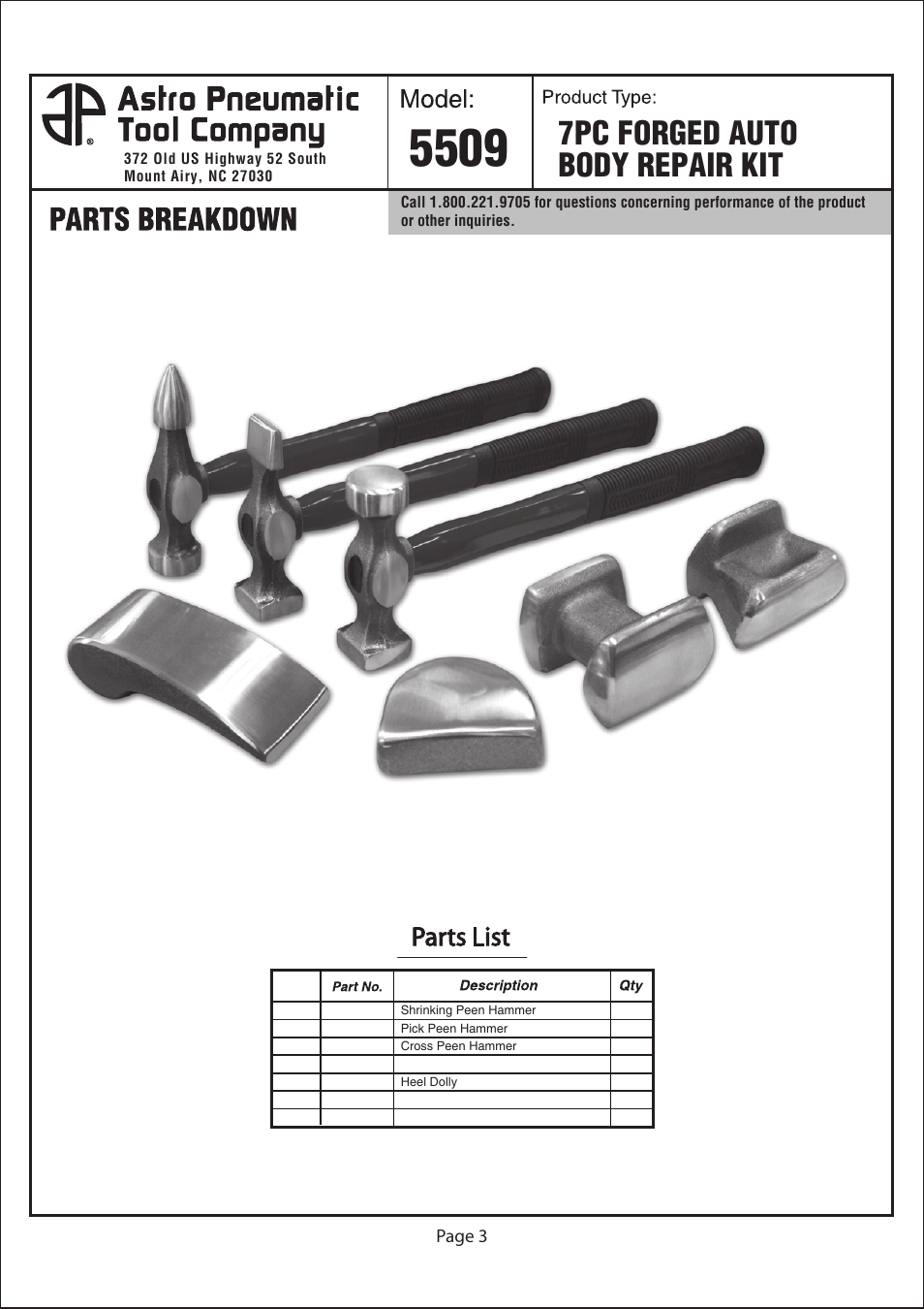 7pc forged auto body repair kit, Page 3 | Astro Pneumatic 5509 7pc Forged Auto Body Repair Kit User Manual | Page 3 / 3