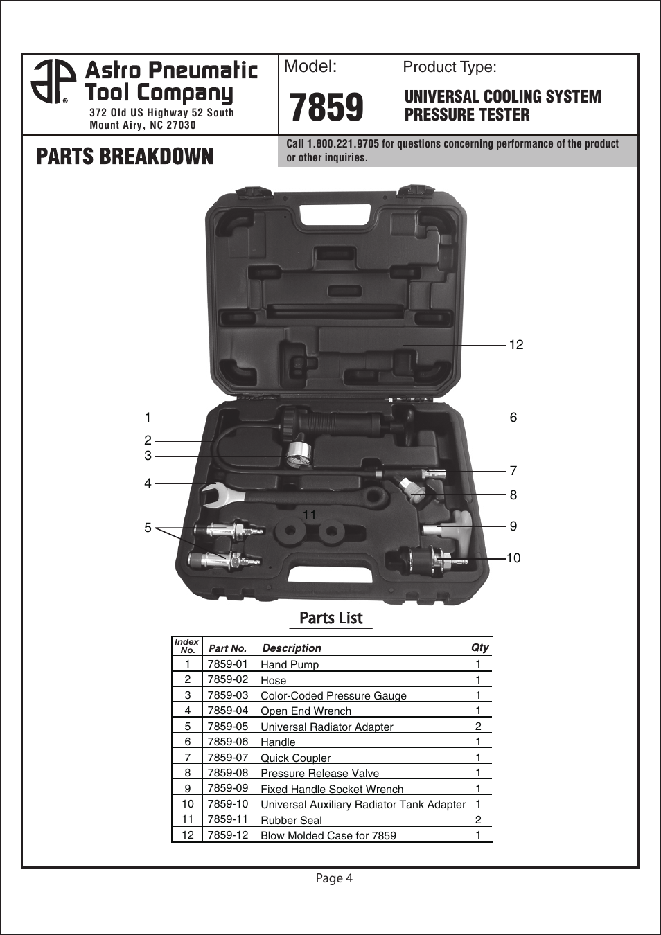 Model, Universal cooling system pressure tester | Astro Pneumatic 7859 Universal Cooling System Pressure Tester User Manual | Page 10 / 10